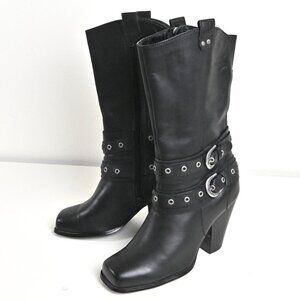 Harley Davidson 90s Leather Belted Biker Moto Riding Black Mid-Calf Boots U7 UK5